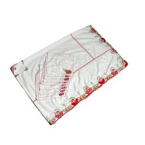 Gorgeous Vintage Embroidered Table Linens Set Tablecloth & 8 Napkins White Red
